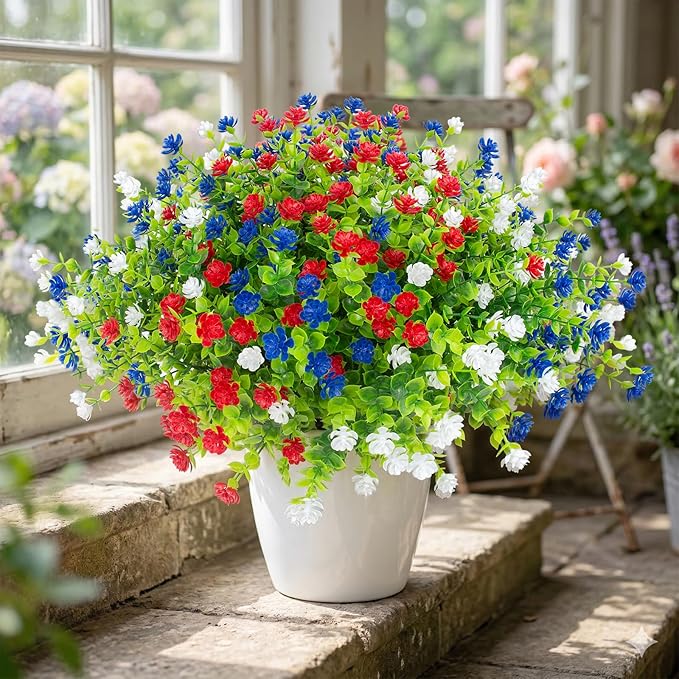 Hananona 24 Pcs Artificial Flowers Outdoor, Faux Artificial Plants UV Resistant Plastic Patriotic Flower Bulk for 4th of July Hanging Planter Porch Window Home Summer Decor (24, Red, White, Blue)