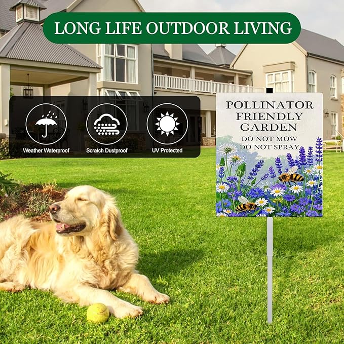 Pollinator Friendly Garden Do Not Mow Do Not Spray Yard Sign With Stakes No Mow Zone Bee Habitat Garden Stake Reflective Rustproof Aluminium No Mow May Signs Outdoor 8X12 IN