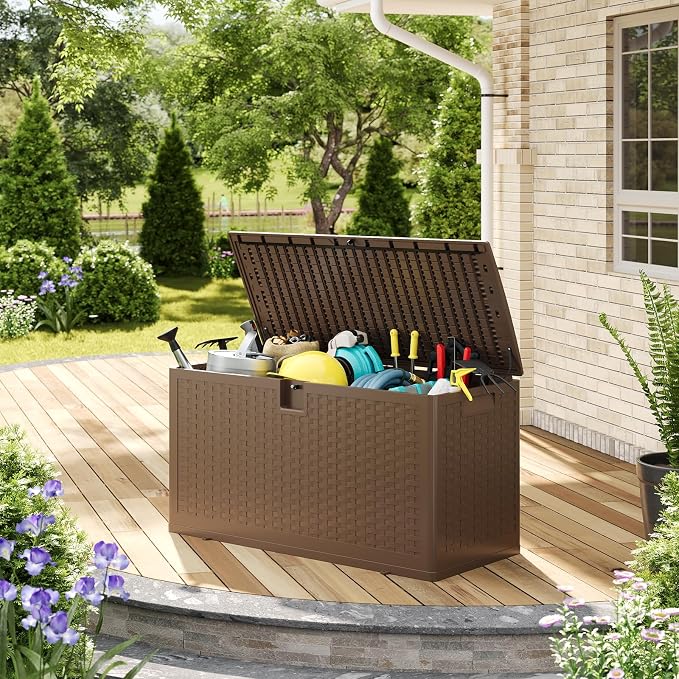 IDEALHOUSE 73 Gallon Resin Deck Box, Waterproof Outdoor Storage Box with Lockable Lid & UV Resistant, Patio Furniture Cushion Storage Container for Garden, Backyard, Poolside (Brown)