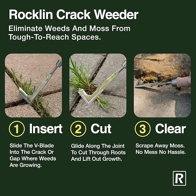 Rocklin™ Crack Weeder – 13" Stainless Steel Manual Crevice Weeding Tool with Beech Wood Handle – L-Shaped Blade for Sidewalk, Patio, and Garden Weed Removal for Dad, Husband & Men