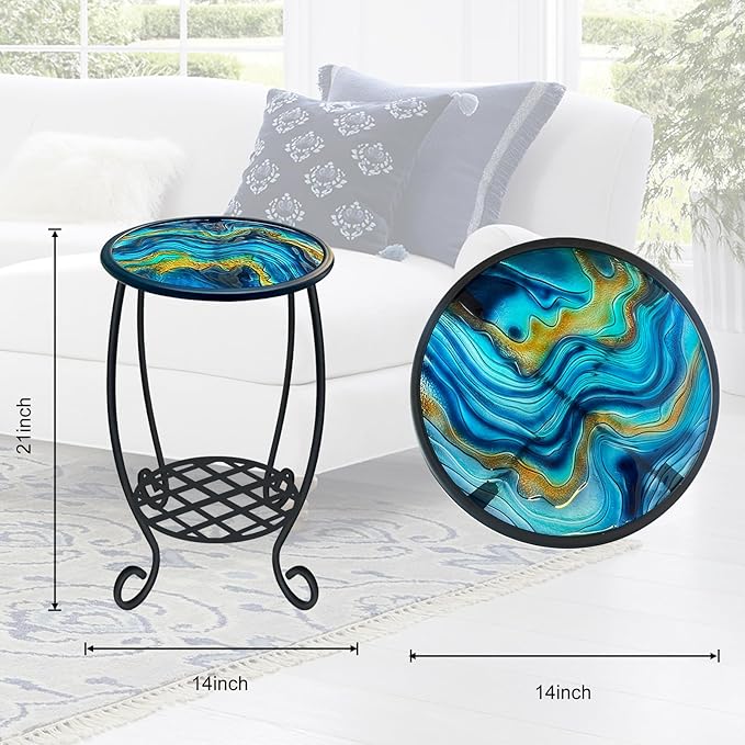 LIFFY Patio Side Tables,14" Indoor Outdoor Metal Side Table with Glass Tabletop,Round Decorative Plant Stand & Accent Table for Garden, Yard, Balcony, Backyard, Porch