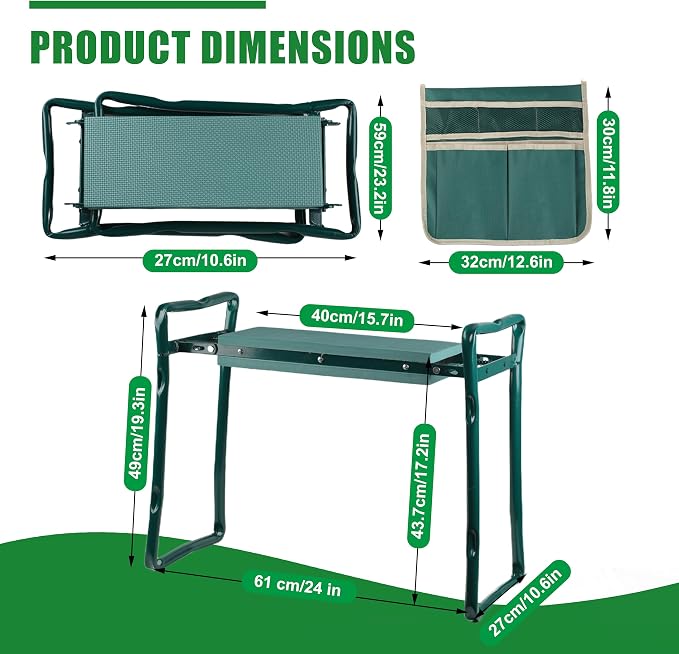 Garden Kneeler and Seat with EVA Foam Pad - Sturdy & Lightweight Foldable Gardening Bench Stool with Tool Bag Pouch, Practical Outdoor Kneeling and Sitting Tool (Green)