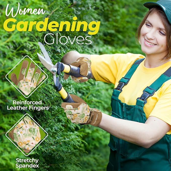 HANDLANDY Gardening Gloves for Women, Breathable Ladies Leather Garden Yard Gloves Best Gift for Gardeners