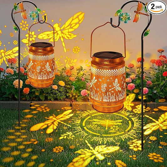 2 Pack Solar Lanterns Outdoor Waterproof Dragonfly Garden Decor, Birthday Gifts for Women Mom Grandma, Hanging Solar Lights Metal LED Decoration with Shepherd Hook Outside for Yard Patio Lawn Porch