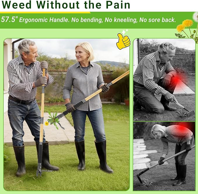 Weed Puller Tool, Heavy Duty Gardening Hand Tools with 4-Claw Steel Head & Dual-Eject Mechanism, 57.5" Bamboo Long Handle Stand Up Weeding Tool for Lawn Yard, Includes 16 Gallon Leaf Bag | 4-Claw Steel Head,Dual-Eject Mechanism,57.5" long handle
