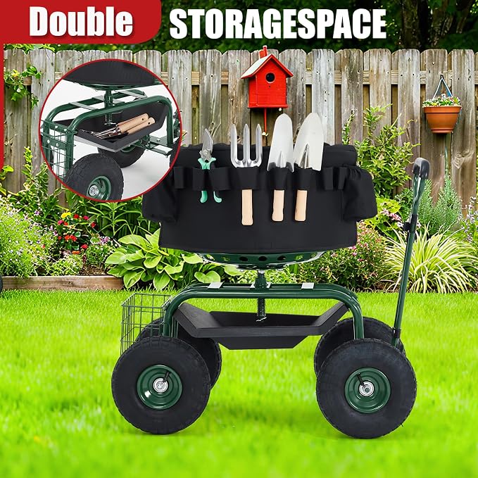 Rolling Garden Cart Workseat with Wheels, 360 Degree Swivel Gardening Stool, Extendable Steering Handle, Tool Tray, 10-Inch Inflatable Tires, Reinforced Steel Frame
