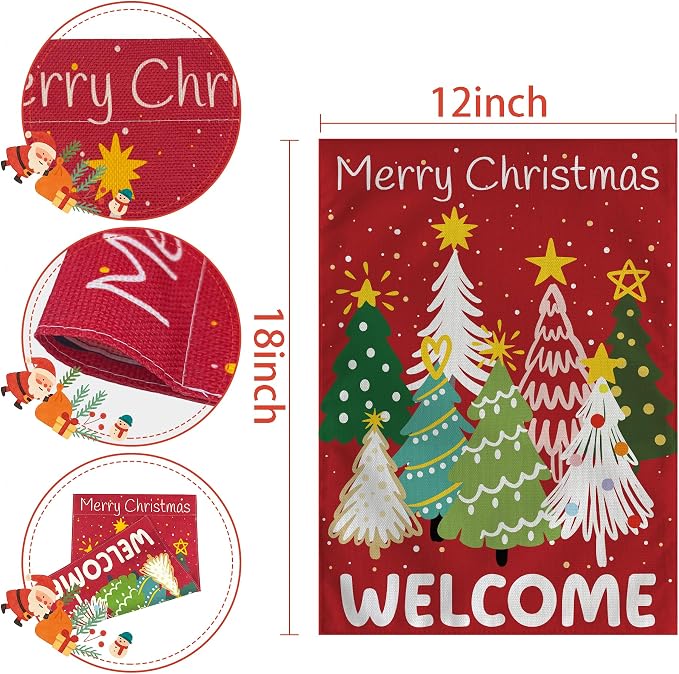 Christmas Decorations Outdoor - Xmas Tree Welcome Garden Flag | Christmas Party Decor Favors Supplies for Indoor Outside -Red Navidad Double-Side Backdrop Banner for Garden Porch Patio Lawn Yard,12x18