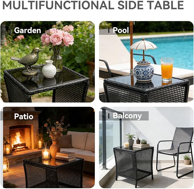 Outdoor Side Table - Patio Rattan End Table with Square Glass Tabletop, Wicker Outdoor Side Table with Extra Storage Shelf for Garden, Backyard, Porch, Black