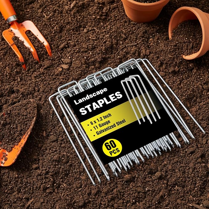 60 Pack 6 Inch Landscape Staples, Galvanized Garden Stakes 11 Gauge Plant Cover Stakes U-Shaped Tent Stakes Landscaping Pins Yard Ground Staples for Lawn, Turf, Fence, Irrigation Hose