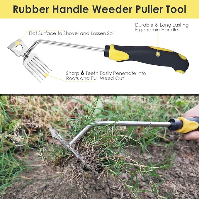 Weed Puller Tool, 3 Pack Weed Remover Tool, 6-Tine Uprooting Weeding Tools, Uprooting Puller & Crevice Weeder, Stainless Steel Garden Tools for Deep Roots, Farm & Backyard