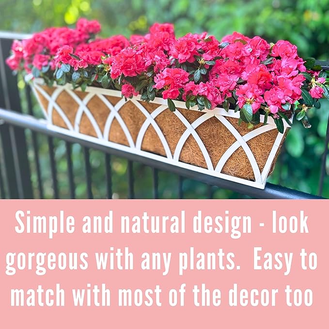 LaLaGreen Deck Railing Planter Outdoor (2 Pack, 30") Rectangular Window Flower Box with Coco Liner, White Metal Wall Hanging Planters Plant Holder Mounted Horse Troughs Rail Fence Patio Garden Decor