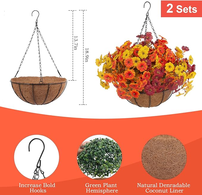 Hananona 2 Set Artificial Outdoor Fall Flowers with Hanging Basket, 2 Hanging Planters with 24 Pcs Flowers for Autumn Front Porch Garden Patio Home Decor (2, Orange,Yellow,Burgundy)