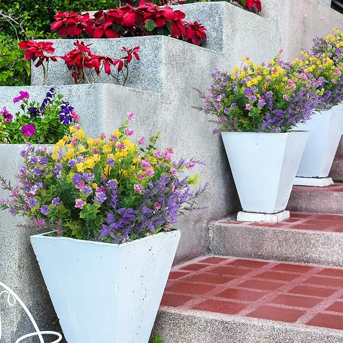 Hananona 24 Pcs Artificial Flowers Outdoor, Faux Artificial Plants UV Resistant Plastic Flower Bulk for Hanging Planter Porch Window Home Wedding Summer Decor (24, Fuchsia, Purple, Yellow, Green)