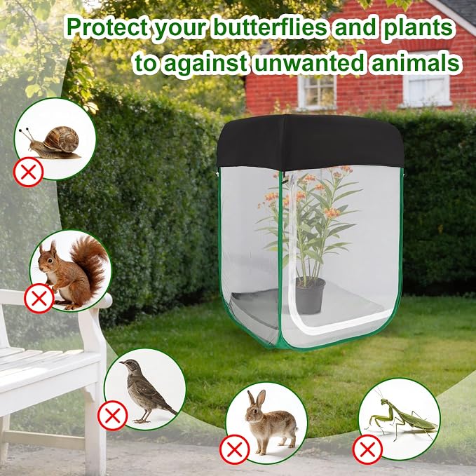 Butterfly Habitat Cage 24" x 24" x 36", Large Caterpillar Mesh Enclosure with Poop Tray for Easy Clean, Outdoor Monarch Butterfly & Insect Pop-up Net Cages Terrarium with Sunshade Top.