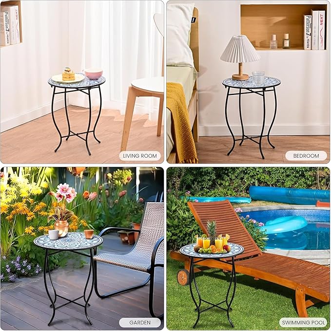 Round Side Table, Patio Accent Weather Resistant Metal Side Table for Livingroom Patio Balcony Yard Porch Garden, Indoor Outdoor Small Plant Stand