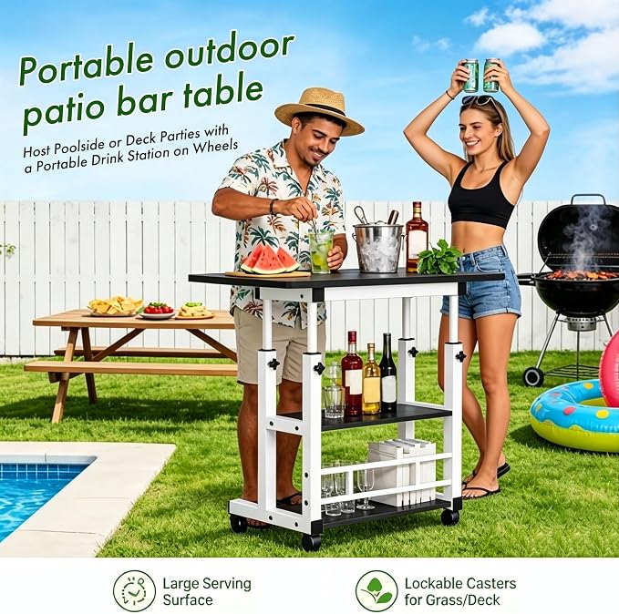 Adjustable Height Multi-Functional Garden Workbench, Heavy Duty Carbon Steel, 3-Tier Storage, 4 Lockable Casters, Mobile for Home, Office, Dorm & Garden