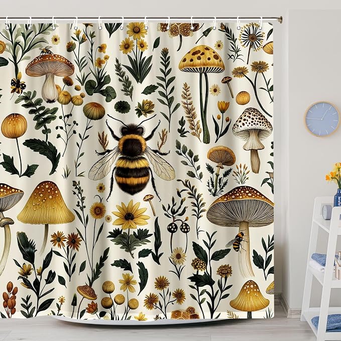 Rustic Boho Mushroom Shower Curtain, Vintage Chic Bee Mushroom Botanical Floral Farmhouse Cottagecore Aesthetic Shower Curtain Set with Hook, Fairy Witchy Plant Shower Curtain for Bathroom 72X72 Beige