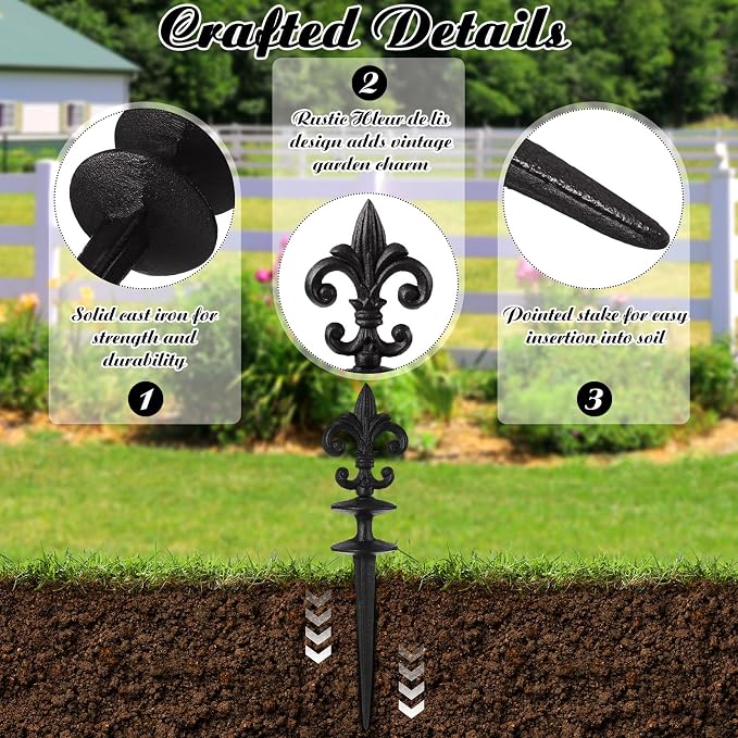 4 Pcs Antique Garden Hose Guide Spike, 13.7" Fleur De Lis Decorative Cast Iron Finial Stakes Heavy Duty Metal Plant Saver Tools Outdoor Hose Protection for Lawn Yard Patio(Black,Single Style)