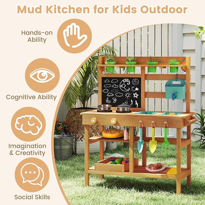 Costzon Mud Kitchen, Toddler Wooden Pretend Playset w/Faucet, Pots, Removable Sinks, Chalkboard, Stovetops & Planting Accessories, Mud Kitchen for Kids Outdoor, Garden, Backyard, Girls & Boys 3+