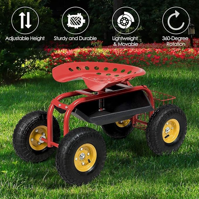 S AFSTAR Rolling Garden Seat, Outdoor Lawn Yard Patio Work Seat with Heavy Duty Wheels, Swivel Seat, Tool Tray & Basket, Garden Cart Wagon Scooter (Red)