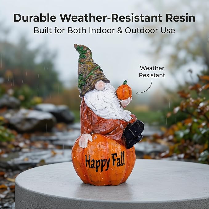 Topadorn Fall Garden Gnome Figurine Sitting on Pumpkin Statue Autumn Harvest Garden Gnomes Statue Figurine for Patio Yard Lawn Porch Decoration, Happy Fall