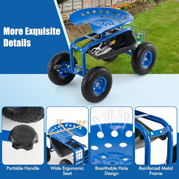 Goplus Garden Seat with Wheels, Rolling Garden Cart with 360 Degree Swivel Seat for Planting, Gardening Stool w/Tool Tray, Basket, Gardening Chair Workseat, Patio Wagon Scooter for Seniors