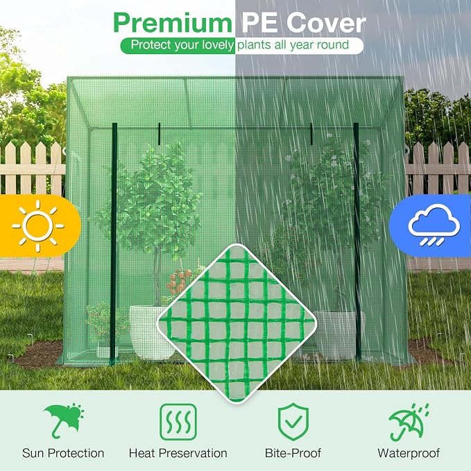 Giantex Walk-in Greenhouse, 4 Ground Stakes & Ropes, Outdoor Portable Mini Greenhouse w/ PE Cover, Heavy-Duty Metal Frame, Roll-up Zipper Door, Double-Layer Screen Windows, 6.6 x 2.5 x 5.6 FT