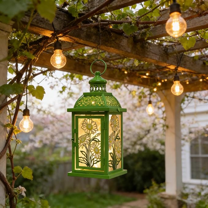 Spring Decorations for Home, 14.4" Decorative Daisy Green Lantern with 61" LED Lights(No Battery) for Home Indoor Outdoor Decor, Hanging Metal Candle Holders for Spring St.Patrick’s Day Gift
