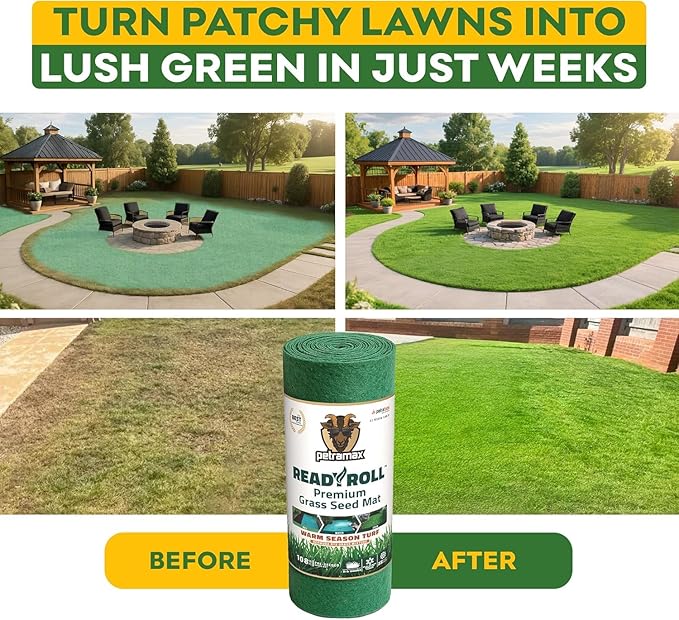 Petramax ReadyRoll Biodegradable Bermuda Grass Seed Mat for Southern Lawn 54 Sq ft. 3-in-1 Grass Seed Rolls w/Mulch & Fertilizer - Perennial Rye, Tall Fescue Blend - Heat Tolerant Lawn Repair Patch