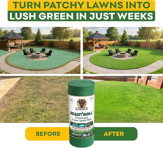 Petramax ReadyRoll Biodegradable Bermuda Grass Seed Mat for Southern Lawn (108 ft.) 3-in-1 Grass Seed Rolls w/Mulch & Fertilizer - Perennial Rye, Tall Fescue Blend - Heat Tolerant Lawn Repair Patch