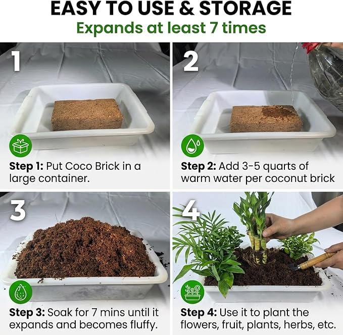 Coco Coir Brick - Low EC & pH Balanced, Compressed Organic Coconut Fiber Potting Mix for Indoor Outdoor Plants, Seed Starting, Hydroponics & Reptile Bedding(5.6lb)