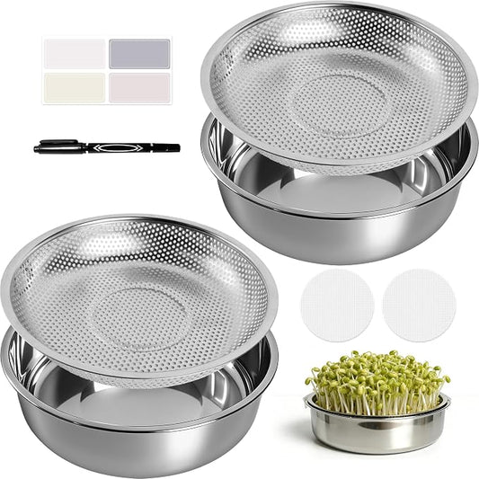 2 Pack 304 Stainless Steel Round Seed Sprouter Trays, 2-Tier Soil-Free Microgreens Growing Kit, Rust-Free Sprouting Tray with Cover Lids & Mesh Pads for Sprouts Beans Alfalfa Wheatgrass
