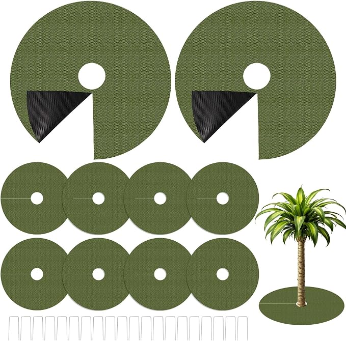 YBB 10 Pcs Upgraded Tree Mulch Rings, 32.3 Inch Tree Weed Barrier Fabric Non-Woven Degradable Weed Mat Blocker for Landscaping Weed Control Root Protection with 20 Nails