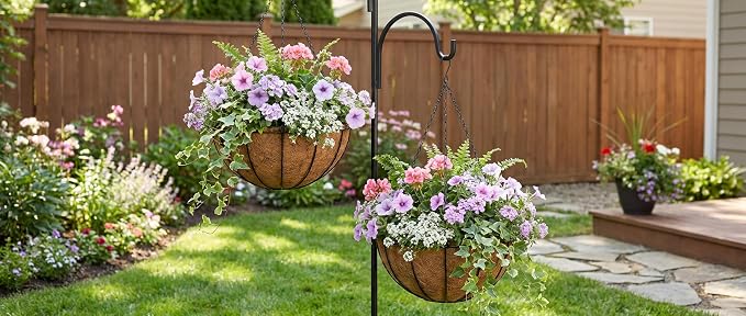 Kingbuy 14" Metal Hanging Basket with Coconut Liner – 6.5" Depth, Rust-Resistant Wire for Ferns & Herbs, Adjustable Chains & S-Hook for Balcony Porch Kitchen Window, 2 Pack