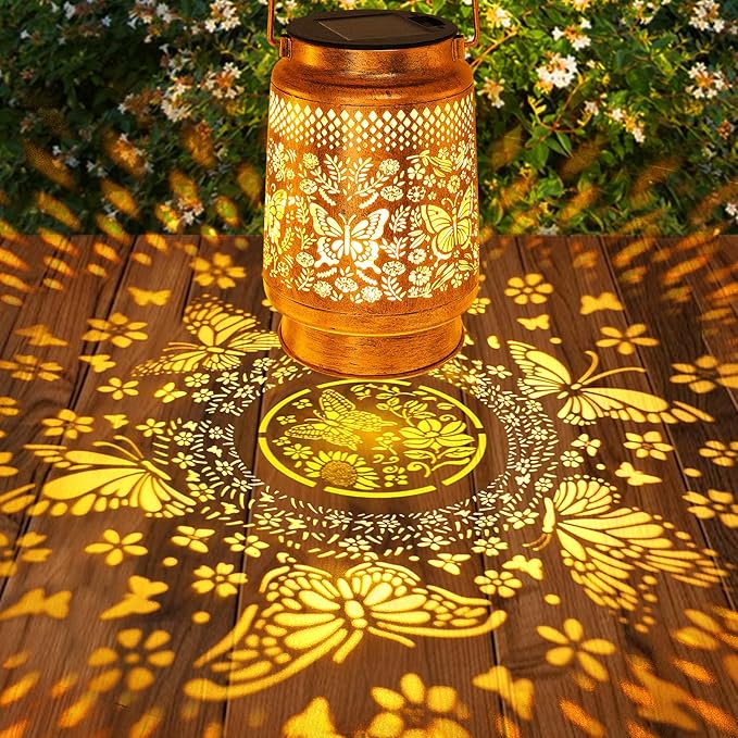 Solar Lanterns Outdoor Butterfly Garden Decor, Birthday Gifts for Women Mom Grandma, Waterproof Metal Hanging Solar Lights LED Decoration with Shepherd Hook Outside for Yard Patio Lawn Porch