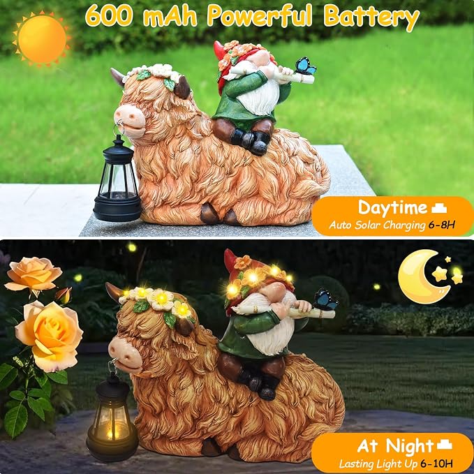 WINTS Solar Highland Cow Gnome Light,9.8" Highland Cow Statue with Lantern for Lawn Yard Outdoor Garden Decorations, Unique Gift for Mom Women Men