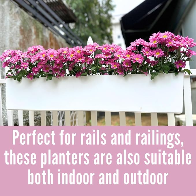 LaLaGreen Hanging Planter Boxes (1 Pack, 40") Large White Rectangular Window Flower Box with Bracket, Self Watering System Railing Planters for Outdoor Plant Container Deck Rail Fence Balcony Garden