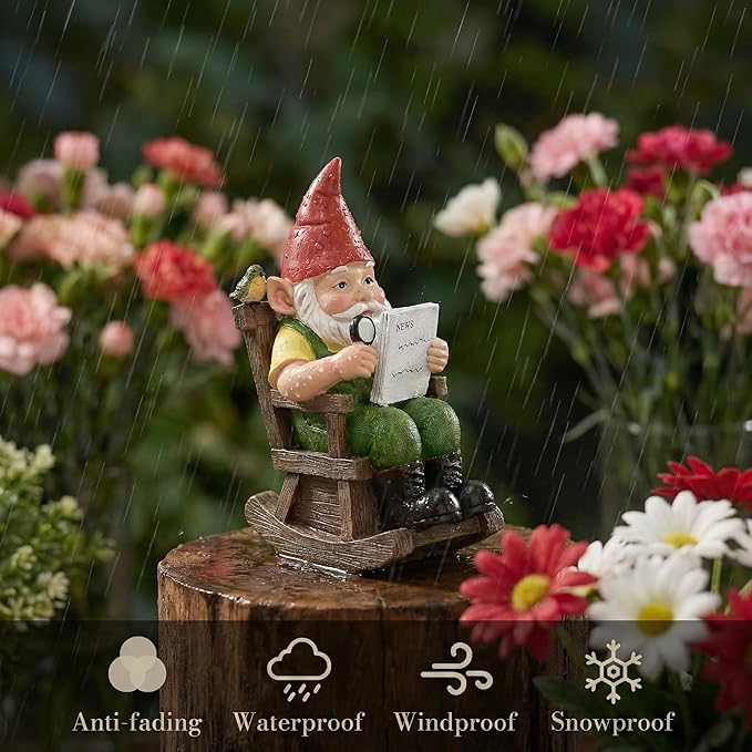 TERESA'S COLLECTIONS Garden Outdoor Decor,Gnomes Sitting in a Rocking Chair Reading a Newspaper，Gnomes Garden Decor, Waterproof Resin Garden Statue, Garden Gift, Indoor/Outdoor, 6"