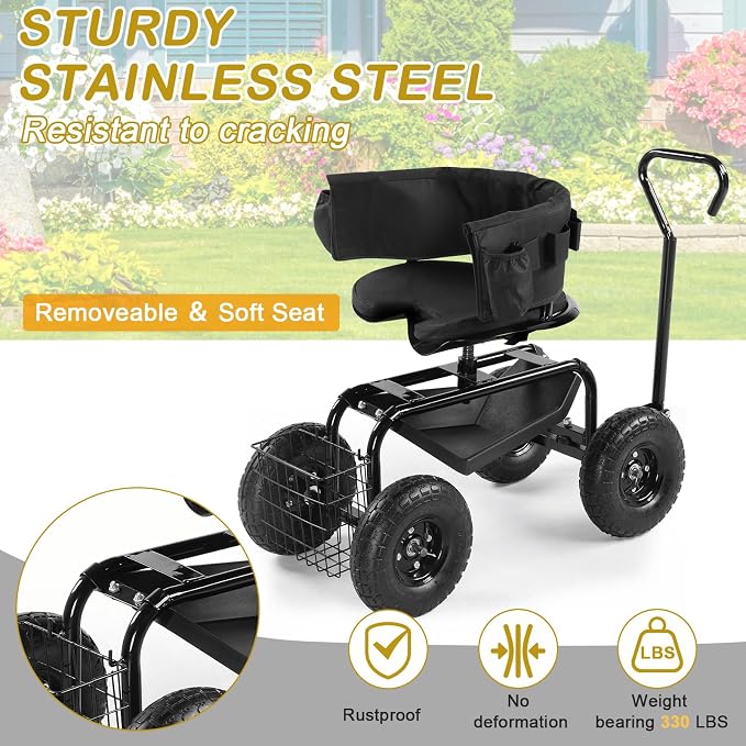Black Garden Cart Garden Stool on Wheels - Rolling Gardening Seat, Swivel Seat, Rolling Garden Seat with Wheels, Outdoor Garden Cart, Gardening Stool Wagon Scooter, Lawn, Patio Gardening Workseat