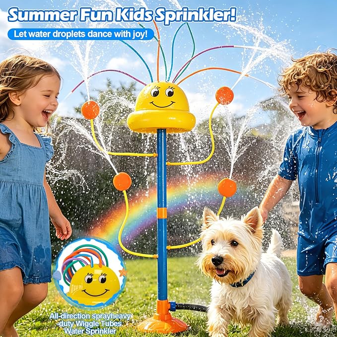 Water Sprinkler Outdoor Yard Toy for Kids, Summer Smile Face Rainbow Kids Sprinkler with 8 Wiggle Tubes 4 Nozzle, Water Sprinkler Outdoor Yard Lawn Toy for Kids for 3 4 5 6 7 8 Year Boy Girl