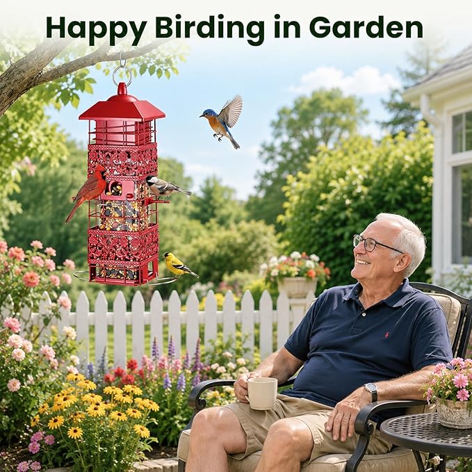 Squirrel Proof Bird Feeder, Weight-Activated Metal Bird Feeders for Outdoors Hanging, 4 Feeding Ports for Finches, Cardinals & Chickadees, 2.8LB Large Capacity Wild Bird Feeder, Red