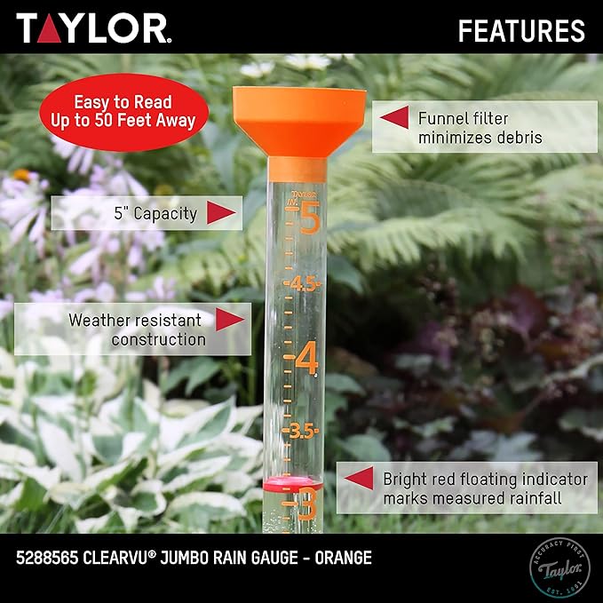 Taylor Jumbo Rain Gauge, Measure and Monitor Precipitation, Easy to Read for Backyard, Patio, Garden, and Lawn, 5-inch, Orange