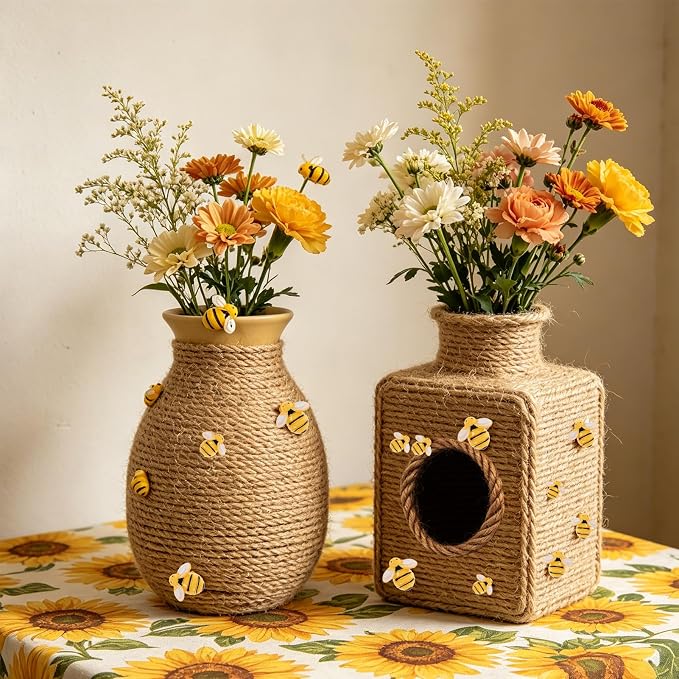 Bee Hive Decor Honey Pot Party Decorations Set, Crafts Jute Rope Natural Twine Tiny and Resin Honeybee for Bee Baby Shower Summer Home Decor Farmhouse Birthday Party Supplies
