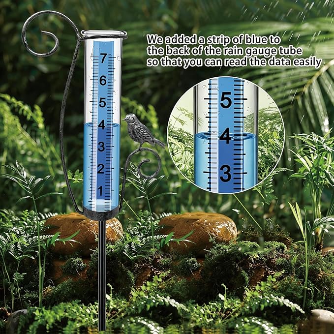 Rain Gauge Outdoor, Accurate rain gauges Outdoors Best Rated, Tall rain Gauge for Yard with Stake, Decorative rain Measure Gauge for Garden, Deck, Lawn with Large Numbers, Adjustable Height