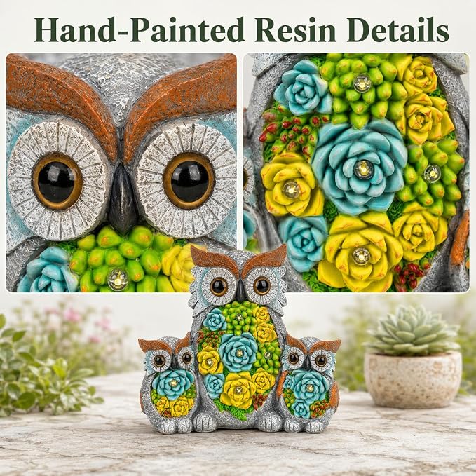 Solar Garden Statue Lights, Owl Family Decor with LED Succulent Flowers, Cute Solar Owl Figurines, Waterproof Resin Outdoor Yard Art for Patio Lawn Porch, Garden Gifts for Women Mom Grandma