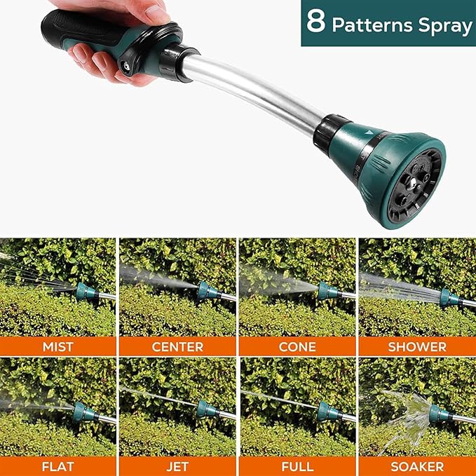 Alloy Watering Wand, Heavy Duty Garden Hose Wand, 15 Inch Hose Nozzle Sprayer with 8 Spray Patterns and Flow Control