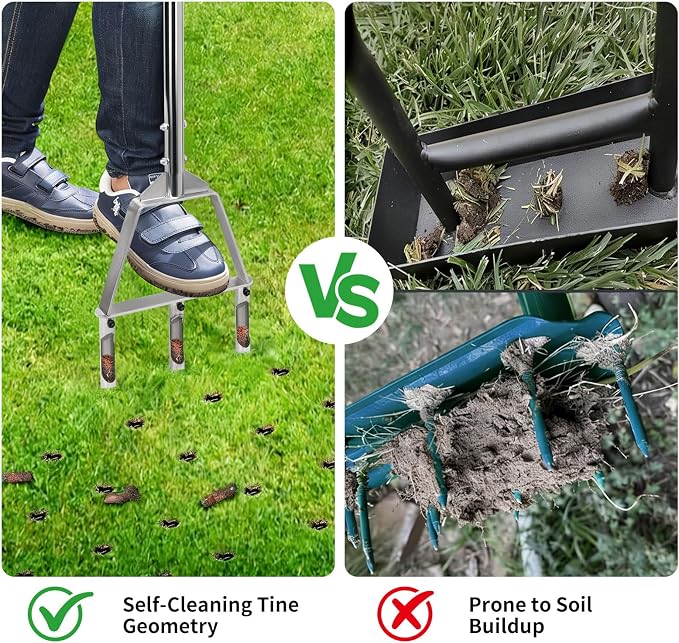 Lawn Aerator Tool - Manual Core Aerator with 3 Hollow Tines, Stainless Steel Soil Aeration Tool for Compacted Lawn & Yard | Semi-Assembled Grass Aerator