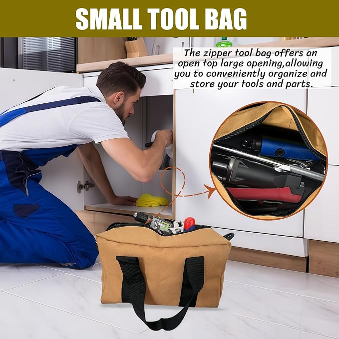BLIRITEL Wide Mouth Tool Bag, Heavy Duty Canvas Tool Storage Bag, Large Capacity Handbag, Multi-function Tool Organizer Tote Bag for Storage Wrenches Pliers (Khaki, 14 Inch)