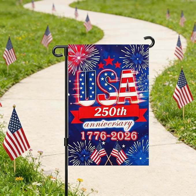 250 Anniversary Usa Garden Flags for Outside, 250 Anniversary USA Flag 1776-2026 Commemorative Patriotic Yard Sign Outdoor Firework Design Banner 4th of July Decorations Double Sided Waterproof 250 Year American Flag 12x18 Inch
