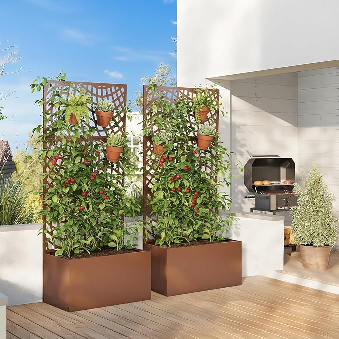VINGLI 71" H Metal Raised Garden Bed with Trellis, Outdoor Planter Box for Climbing Vegetables, Fruits and Flowers, Privacy Screen, for Backyard, Patio, Balcony, Brown